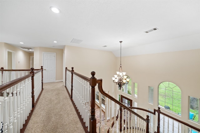 15590 Crown Oaks Dr, Montgomery, TX 77316 - hall with an upstairs landing, a chandelier, carpet floors, recessed lighting, and lofted ceiling