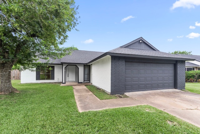 16234 Bowridge Ln, Houston, TX 77053 - view of front facade featuring brick siding, a front lawn, an attached garage, driveway, and a shingled roof