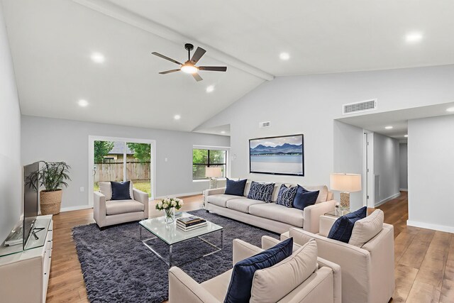 16234 Bowridge Ln, Houston, TX 77053 - living area featuring beam ceiling, ceiling fan, light wood-type flooring, high vaulted ceiling, and recessed lighting