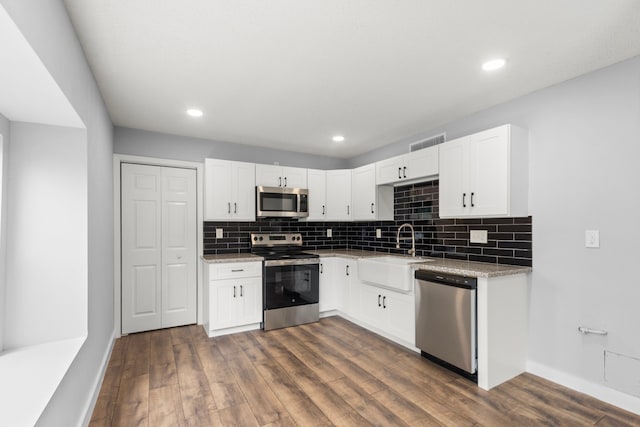 16234 Bowridge Ln, Houston, TX 77053 - kitchen with appliances with stainless steel finishes, tasteful backsplash, white cabinets, dark wood-style flooring, and recessed lighting