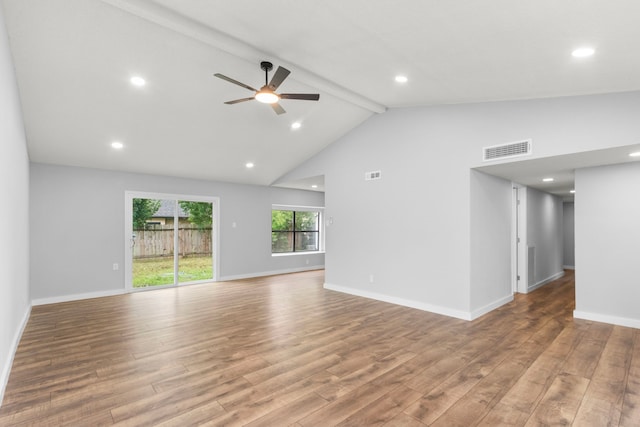 16234 Bowridge Ln, Houston, TX 77053 - unfurnished living room with beamed ceiling, ceiling fan, light wood finished floors, high vaulted ceiling, and recessed lighting