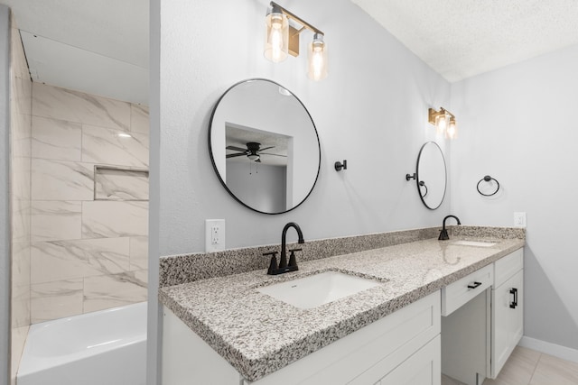 16234 Bowridge Ln, Houston, TX 77053 - full bath featuring double vanity, a ceiling fan, shower / tub combination, and a textured ceiling