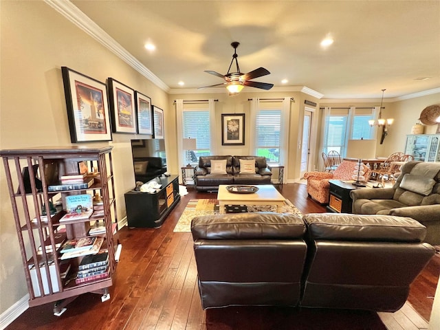 1464 S Bluebonnet Ln, Angleton, TX 77515 - living area featuring dark wood finished floors, ceiling fan, a chandelier, crown molding, and recessed lighting