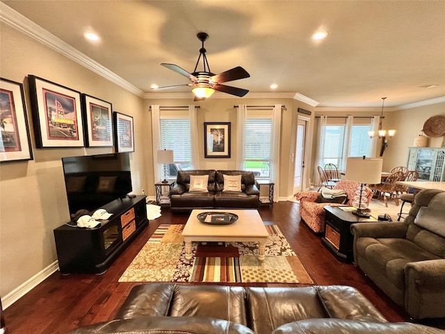 1464 S Bluebonnet Ln, Angleton, TX 77515 - living room with a chandelier, dark wood finished floors, a ceiling fan, crown molding, and recessed lighting