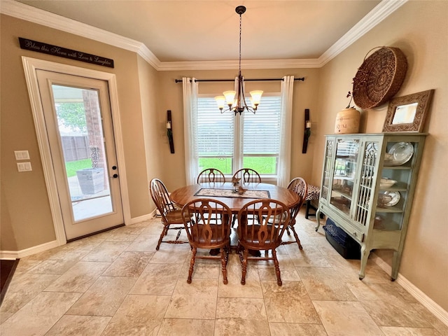 1464 S Bluebonnet Ln, Angleton, TX 77515 - dining room with a chandelier, ornamental molding, and light stone finish floors