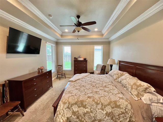 1464 S Bluebonnet Ln, Angleton, TX 77515 - bedroom featuring light colored carpet, a raised ceiling, crown molding, and a ceiling fan