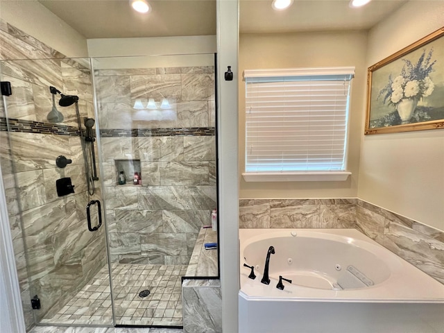 1464 S Bluebonnet Ln, Angleton, TX 77515 - bathroom with a whirlpool tub, a shower stall, and recessed lighting