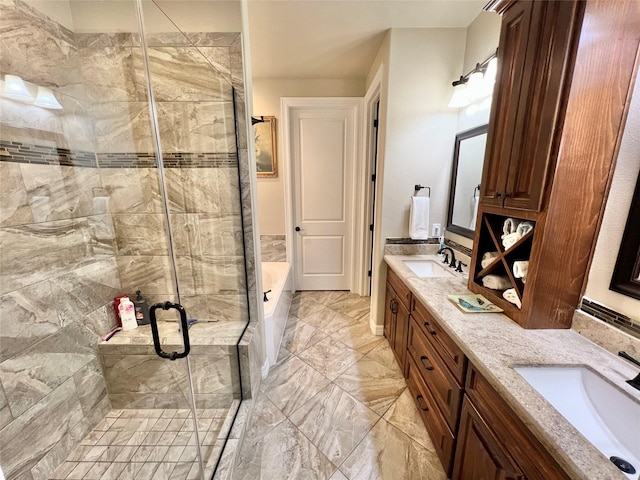 1464 S Bluebonnet Ln, Angleton, TX 77515 - bathroom featuring double vanity, a garden tub, a shower stall, and marble finish flooring
