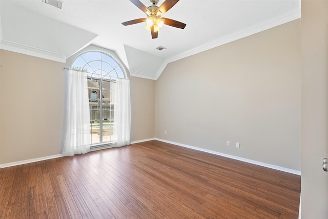 20731 Maple Village Dr, Cypress, TX 77433 - spare room featuring ceiling fan, lofted ceiling, ornamental molding, and wood finished floors