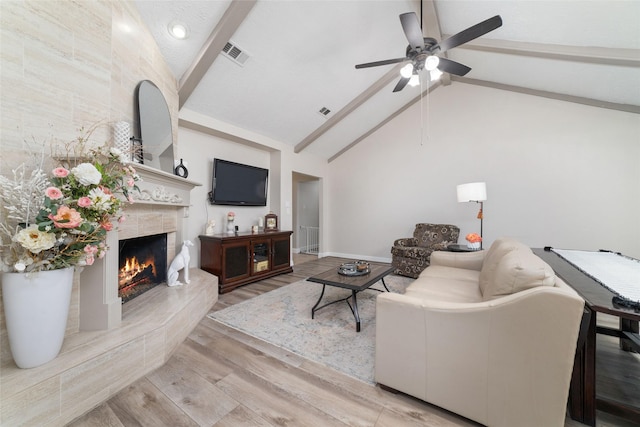 13302 Holston Hills Dr, Houston, TX 77069 - living room featuring beamed ceiling, ceiling fan, wood finished floors, a high end fireplace, and high vaulted ceiling