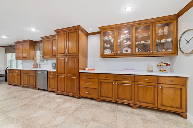 13302 Holston Hills Dr, Houston, TX 77069 - kitchen featuring dishwasher, brown cabinets, backsplash, and recessed lighting