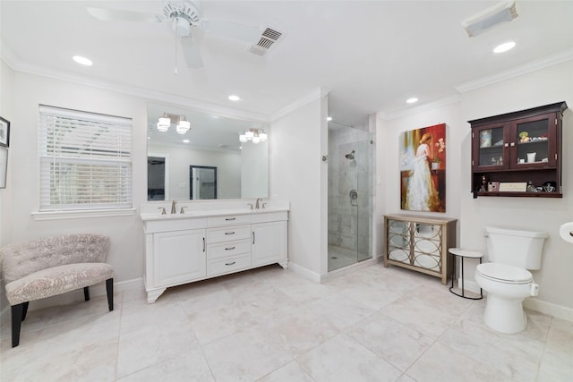 13302 Holston Hills Dr, Houston, TX 77069 - full bathroom with double vanity, crown molding, a stall shower, ceiling fan, and recessed lighting