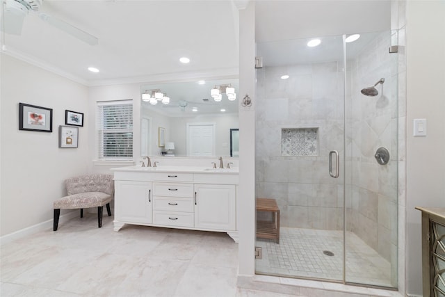 13302 Holston Hills Dr, Houston, TX 77069 - bathroom featuring double vanity, crown molding, a shower stall, recessed lighting, and ceiling fan