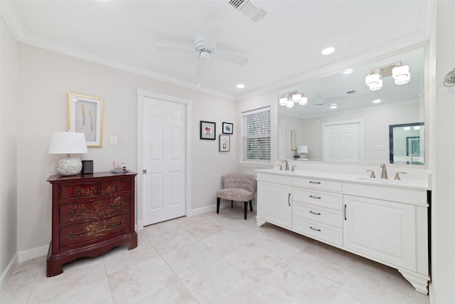 13302 Holston Hills Dr, Houston, TX 77069 - full bathroom featuring double vanity, ceiling fan, ornamental molding, recessed lighting, and tile patterned floors