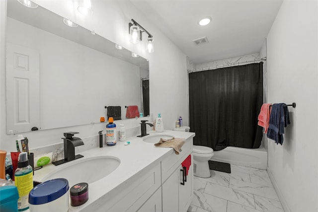 8211 Barlow St, Houston, TX 77028 - full bath featuring marble look tile flooring, double vanity, and shower / bath combo with shower curtain