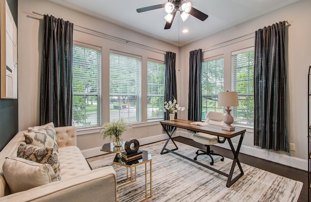 931 Shirkmere Rd, Houston, TX 77008 - office area featuring a ceiling fan, healthy amount of natural light, wood finished floors, and recessed lighting