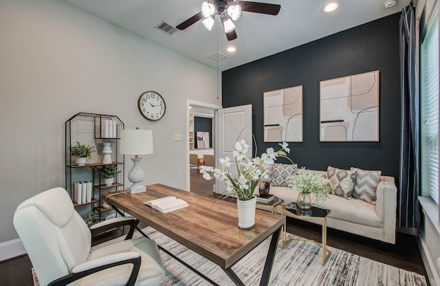 931 Shirkmere Rd, Houston, TX 77008 - office featuring ceiling fan, radiator heating unit, recessed lighting, and wood finished floors