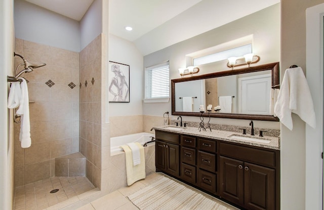 931 Shirkmere Rd, Houston, TX 77008 - full bathroom featuring double vanity, a garden tub, a tile shower, tile patterned flooring, and lofted ceiling