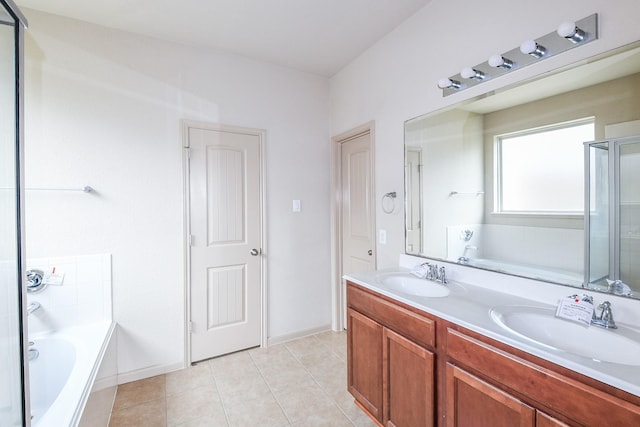 6533 Gray Birch Ln, Dickinson, TX 77539 - full bath with a garden tub, double vanity, tile patterned flooring, and a shower stall