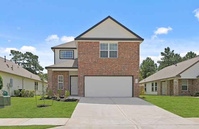 103 Black Bear Dr, Huntsville, TX 77320 - traditional-style home with an attached garage, driveway, a front lawn, and brick siding