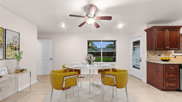 9643 Val Verde St, Houston, TX 77063 - dining space featuring ceiling fan, light tile patterned flooring, and recessed lighting