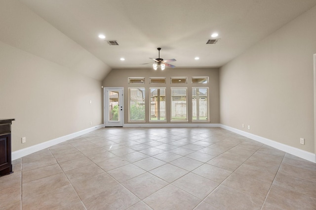 1215 Oxbow Crossing Ln, Rosenberg, TX 77471 - unfurnished living room with light tile patterned flooring, a ceiling fan, recessed lighting, and vaulted ceiling