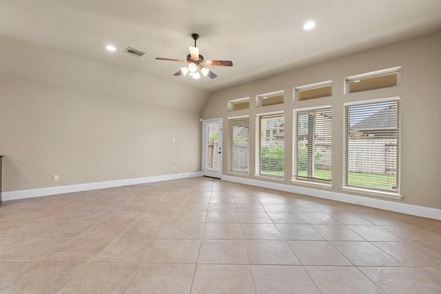 1215 Oxbow Crossing Ln, Rosenberg, TX 77471 - empty room with light tile patterned flooring, ceiling fan, recessed lighting, and lofted ceiling