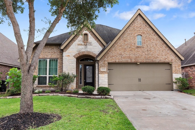 1215 Oxbow Crossing Ln, Rosenberg, TX 77471 - view of front of house featuring brick siding, stone siding, a shingled roof, a garage, and concrete driveway