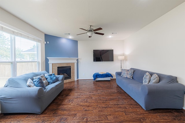 24802 Colonial Maple Dr, Katy, TX 77493 - living area with a ceiling fan, wood finished floors, a fireplace, and recessed lighting