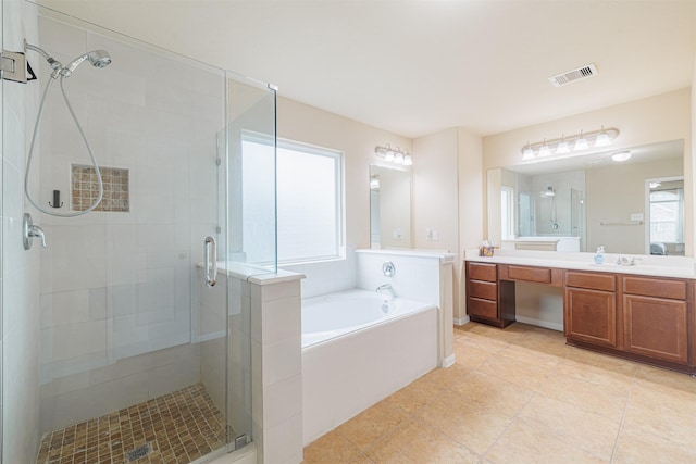 24802 Colonial Maple Dr, Katy, TX 77493 - bathroom featuring a stall shower, vanity, a garden tub, and tile patterned floors