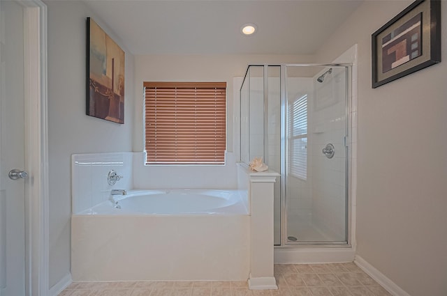 18231 Rexine Ln, Cypress, TX 77433 - full bathroom featuring a garden tub, a stall shower, and recessed lighting