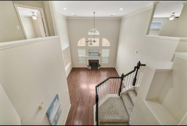 8123 Spring Bluebonnet Dr, Sugar Land, TX 77479 - stairs with a ceiling fan, wood finished floors, a chandelier, crown molding, and a towering ceiling