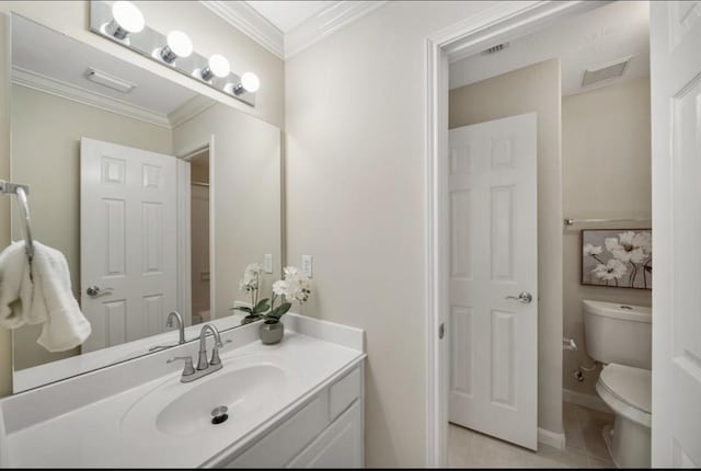 8123 Spring Bluebonnet Dr, Sugar Land, TX 77479 - bathroom featuring vanity, tile patterned flooring, and ornamental molding