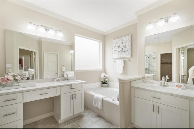 8123 Spring Bluebonnet Dr, Sugar Land, TX 77479 - full bath with a bath, two vanities, a stall shower, crown molding, and a walk in closet