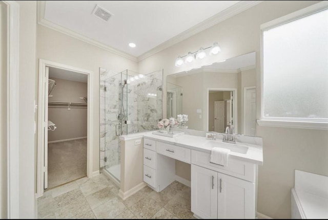8123 Spring Bluebonnet Dr, Sugar Land, TX 77479 - full bathroom with vanity, a spacious closet, a shower stall, and crown molding