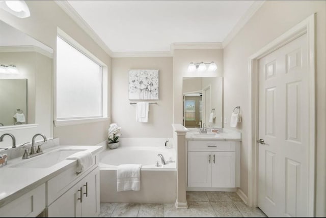 8123 Spring Bluebonnet Dr, Sugar Land, TX 77479 - full bathroom featuring two vanities, a garden tub, and crown molding
