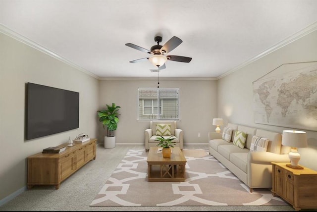 8123 Spring Bluebonnet Dr, Sugar Land, TX 77479 - living room with light colored carpet, ceiling fan, and crown molding