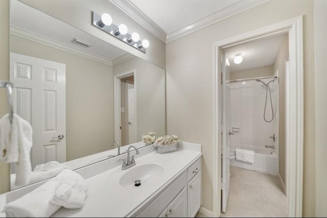 8123 Spring Bluebonnet Dr, Sugar Land, TX 77479 - bathroom with vanity, shower / bath combination, and ornamental molding