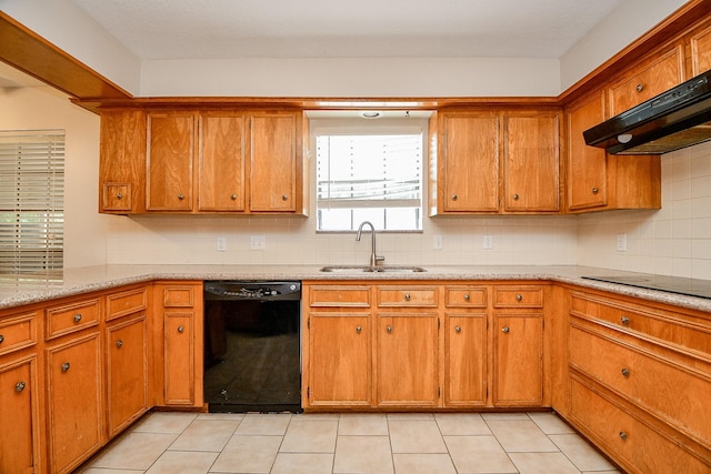 11103 Pembridge Dr, Houston, TX 77071 - kitchen featuring black appliances, exhaust hood, and brown cabinetry