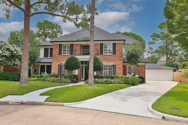 15902 Ivy Bridge Ln, Houston, TX 77095 - colonial inspired home with brick siding, a front yard, and a balcony