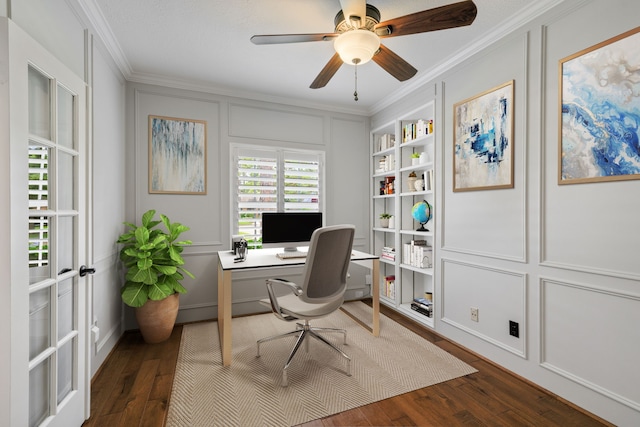 15902 Ivy Bridge Ln, Houston, TX 77095 - office space with ornamental molding, a decorative wall, wood finished floors, built in features, and ceiling fan