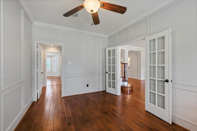 15902 Ivy Bridge Ln, Houston, TX 77095 - unfurnished room with a decorative wall, french doors, ornamental molding, dark wood finished floors, and ceiling fan