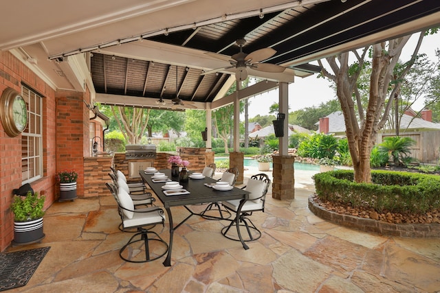 15902 Ivy Bridge Ln, Houston, TX 77095 - view of patio / terrace featuring a ceiling fan, area for grilling, an outdoor pool, and outdoor dining space