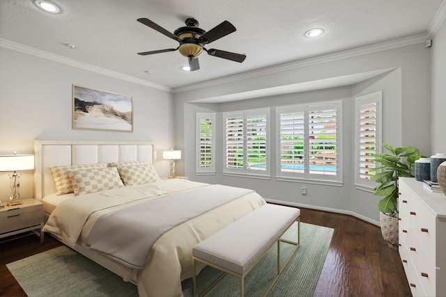 15902 Ivy Bridge Ln, Houston, TX 77095 - bedroom featuring dark wood-style floors, crown molding, recessed lighting, and ceiling fan