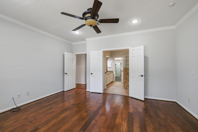 15902 Ivy Bridge Ln, Houston, TX 77095 - unfurnished bedroom with dark wood finished floors, ornamental molding, recessed lighting, and a ceiling fan