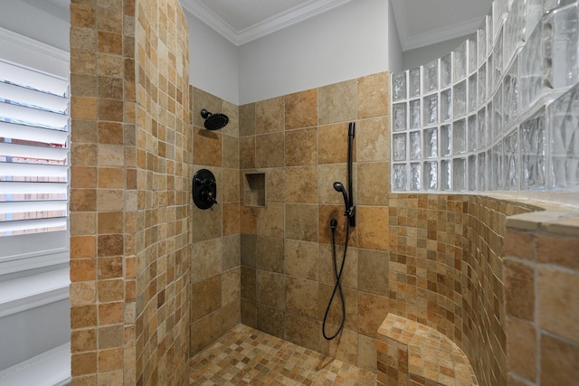 15902 Ivy Bridge Ln, Houston, TX 77095 - full bathroom with ornamental molding and a tile shower