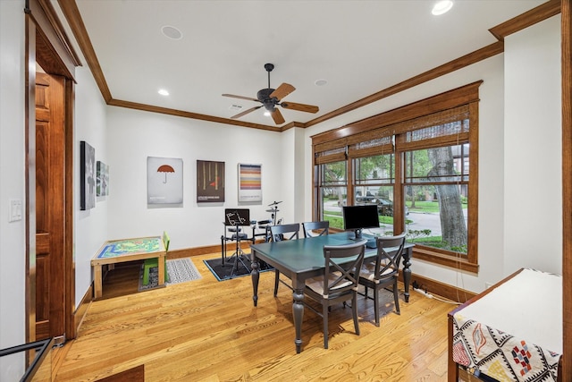 4132 Coleridge St, Houston, TX 77005 - dining area with crown molding, ceiling fan, light wood-style flooring, recessed lighting, and a desk