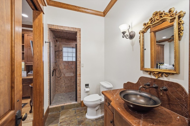4132 Coleridge St, Houston, TX 77005 - full bath with a shower stall, crown molding, vanity, and stone finish flooring