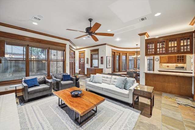4132 Coleridge St, Houston, TX 77005 - living room featuring crown molding, a chandelier, recessed lighting, and ceiling fan