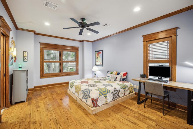 4132 Coleridge St, Houston, TX 77005 - bedroom with light wood-style flooring, recessed lighting, multiple windows, ornamental molding, and a desk